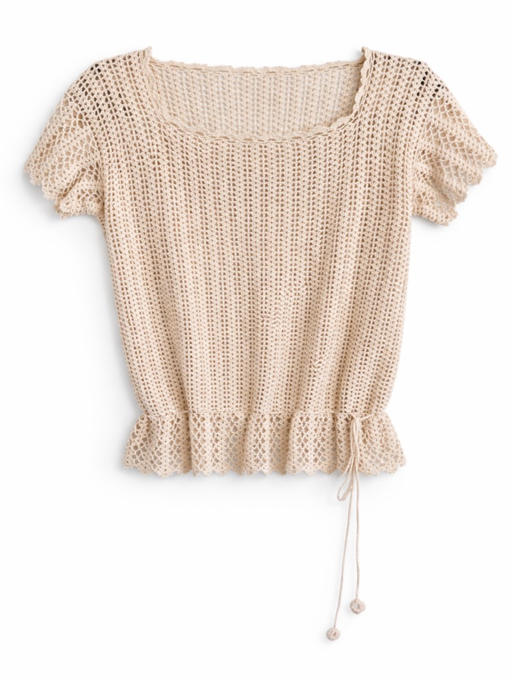 Boho Crochet Knit Top Cream Cottagecore Peplum Short Sleeve Tie Waist Sheer Top